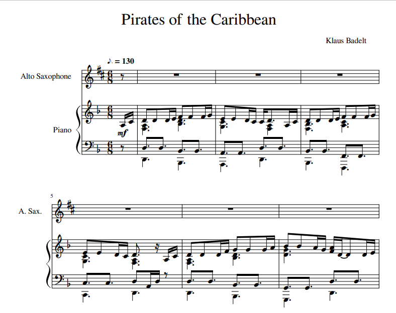 Pirates of the Caribbean sheet music for saxophone and piano